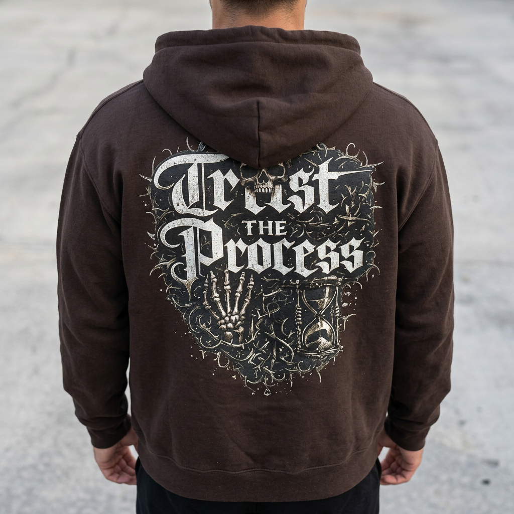 IVN Atelier Trust The Process fleece zip-up hoodie with front pockets and drawstring hood, in a cozy, casual style.
