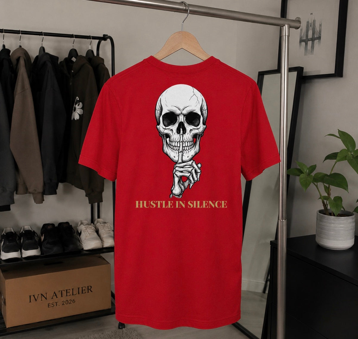 IVN Atelier Hustle In Silence T-shirt, black cotton T-shirt with printed slogan, casual streetwear style.