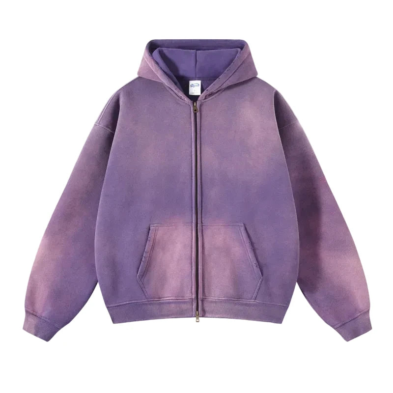 Tie Dye Washed Vintage 360g Fleece Lined Double Zip Puller Sweatshirt Hoodie.