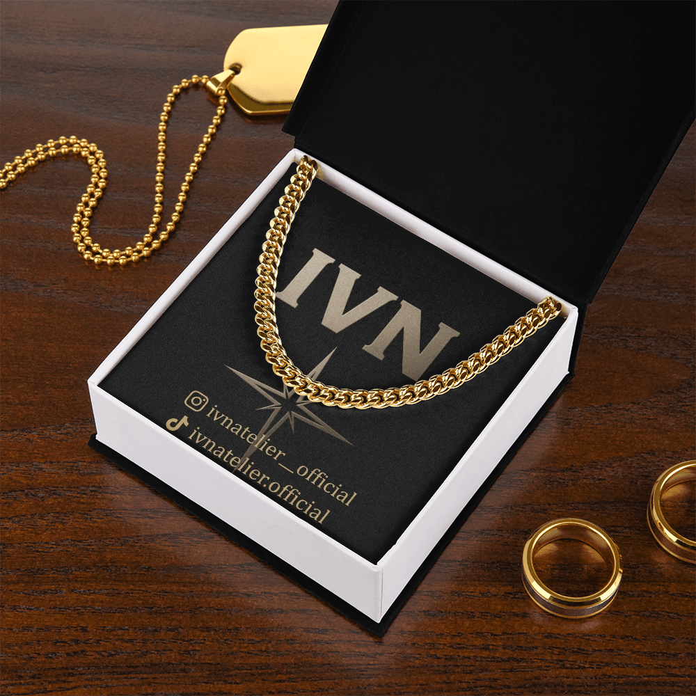 IVN Signature Cuban Link jewelry by IVN Atelier, close-up of the sleek, gold-toned chain with a bold Cuban link design.