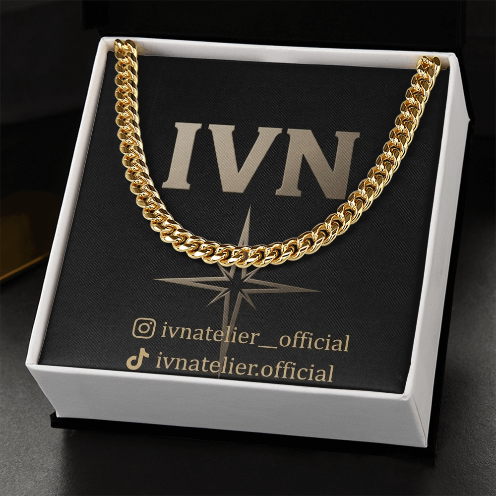 IVN Atelier Signature Cuban Link jewelry chain with bold, interconnected links in shiny metal on a neutral background