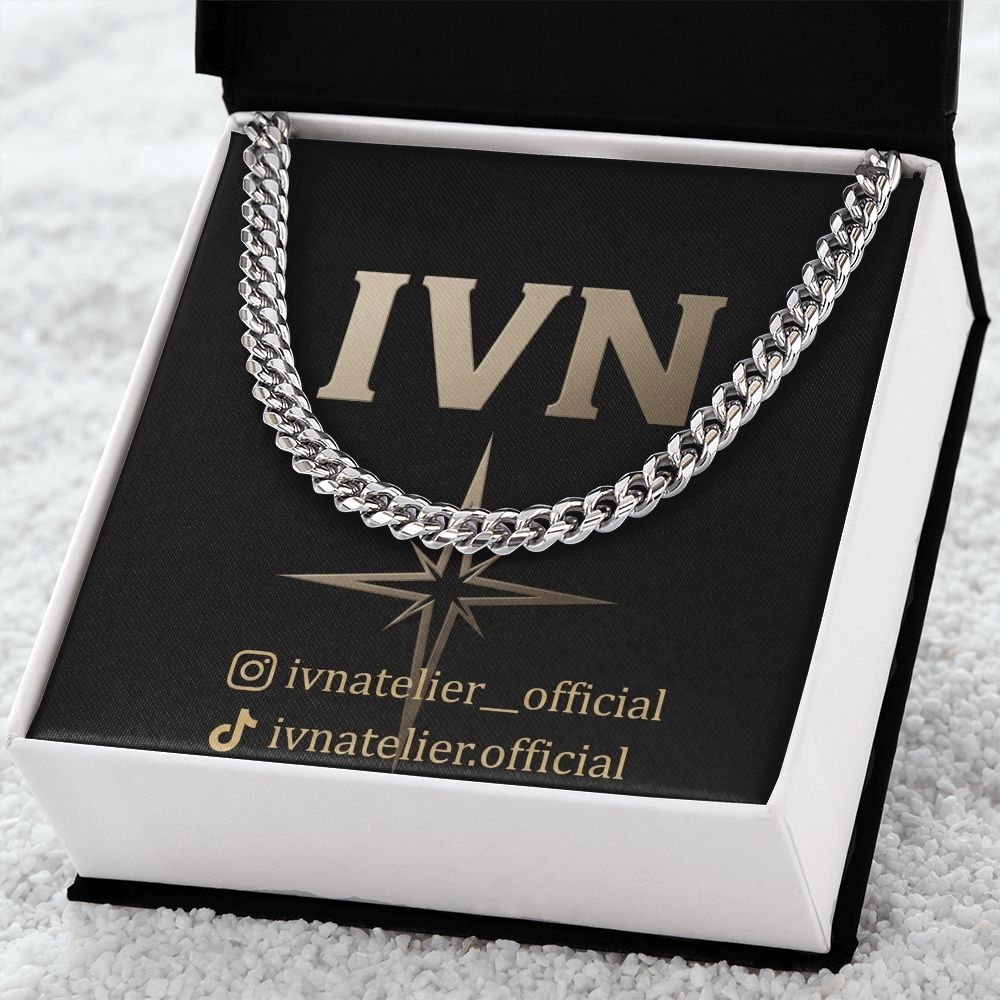 IVN Atelier Signature Cuban Link jewelry in gold, close-up of the sleek, chunky chain with detailed links and polished finish.