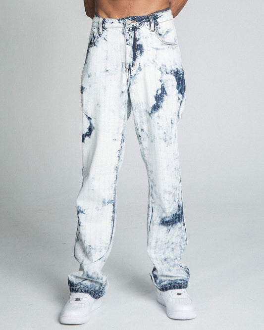 AJ01L-1 DARK BLUE/WHITE TIE DYE THREAD LINE LOOSE JEANS