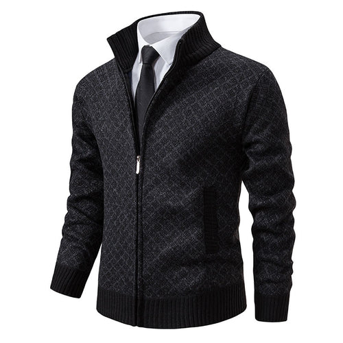 Thickened Plaid Print Jacket Cardigan Fashion Slim Fit Zipper Stand Collar Sweater Winter Men's Casual Long Sleeve Knitted Top Clothing