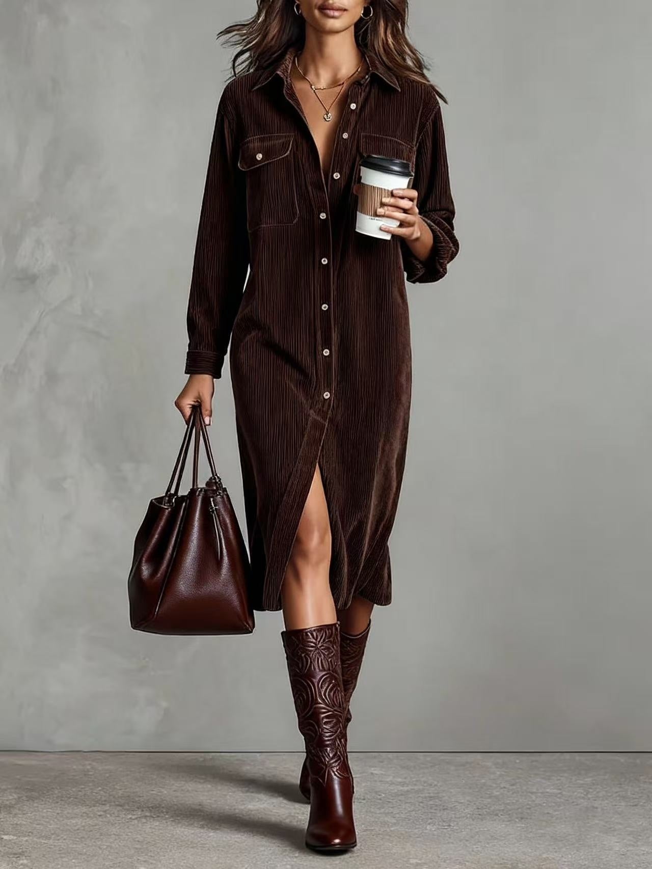 Turn-Down Collar Buttons Chic Casual Dress