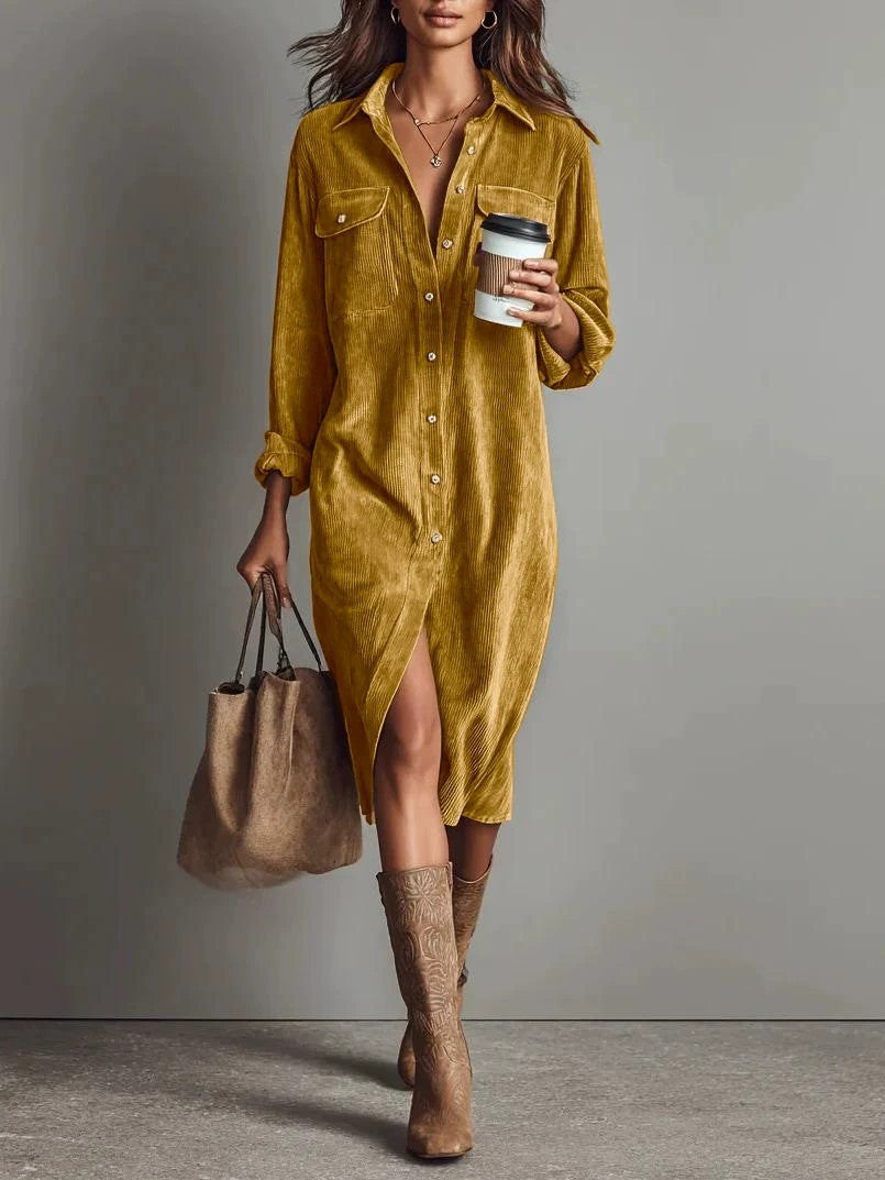 Turn-Down Collar Buttons Chic Casual Dress, Women Spring Autumn Solid Simple Party Dress, Long Sleeve Holiday Ladies Dress