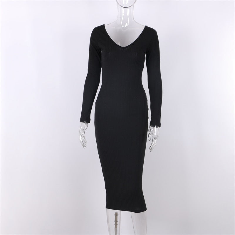 Bodycon Midi Woman Dress Knitted Long Sleeve V Neck Elegant Robe Women's Dresses