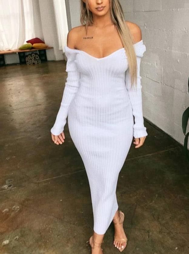Bodycon Midi Woman Dress Knitted Long Sleeve V Neck Elegant Robe Women's Dresses