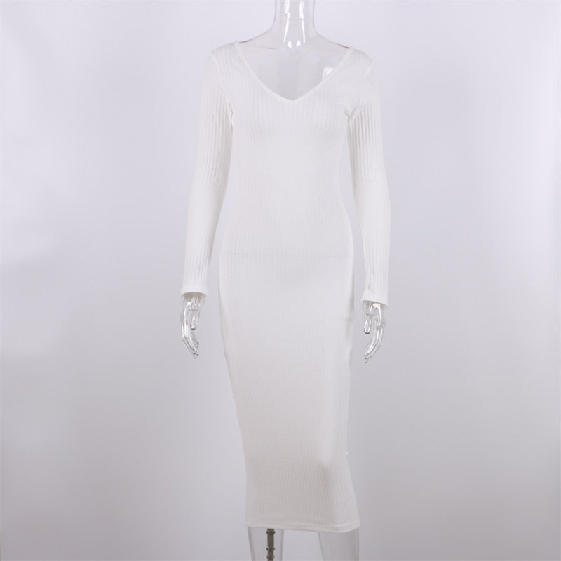 Bodycon Midi Woman Dress Knitted Long Sleeve V Neck Elegant Robe Women's Dresses