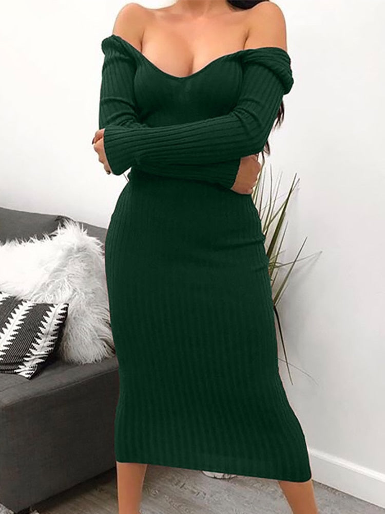 Bodycon Midi Woman Dress Knitted Long Sleeve V Neck Elegant Robe Women's Dresses