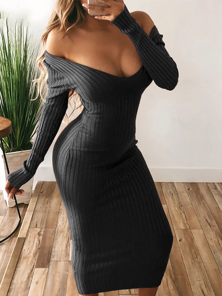 Bodycon Midi Woman Dress Knitted Long Sleeve V Neck Elegant Robe Women's Dresses