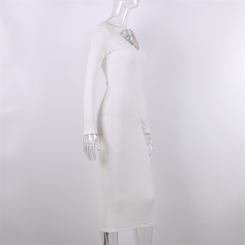 Bodycon Midi Woman Dress Knitted Long Sleeve V Neck Elegant Robe Women's Dresses