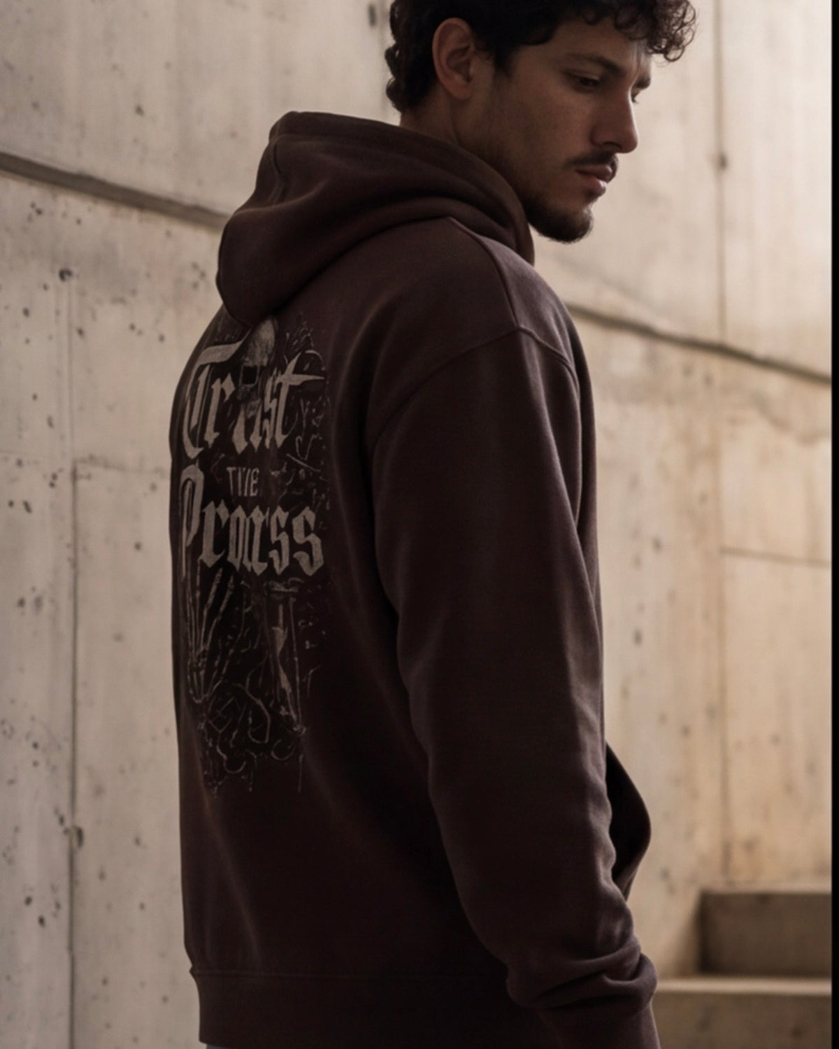 IVN Atelier Trust The Process fleece zip-up hoodie displayed, featuring a soft fabric and casual style with front zipper and hoodie.