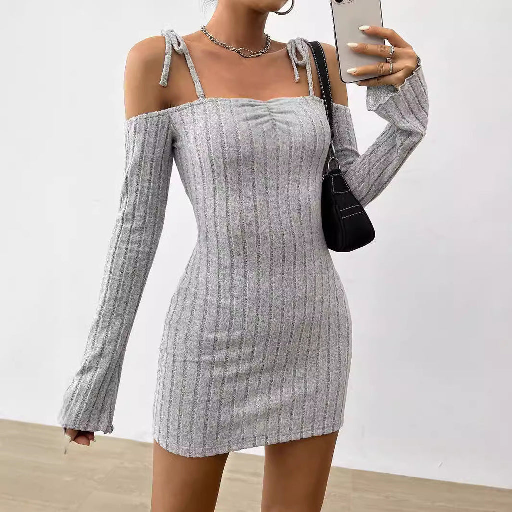 Lightly Mature Strap Sling Dress Boat Collar Elegant Slim Fit