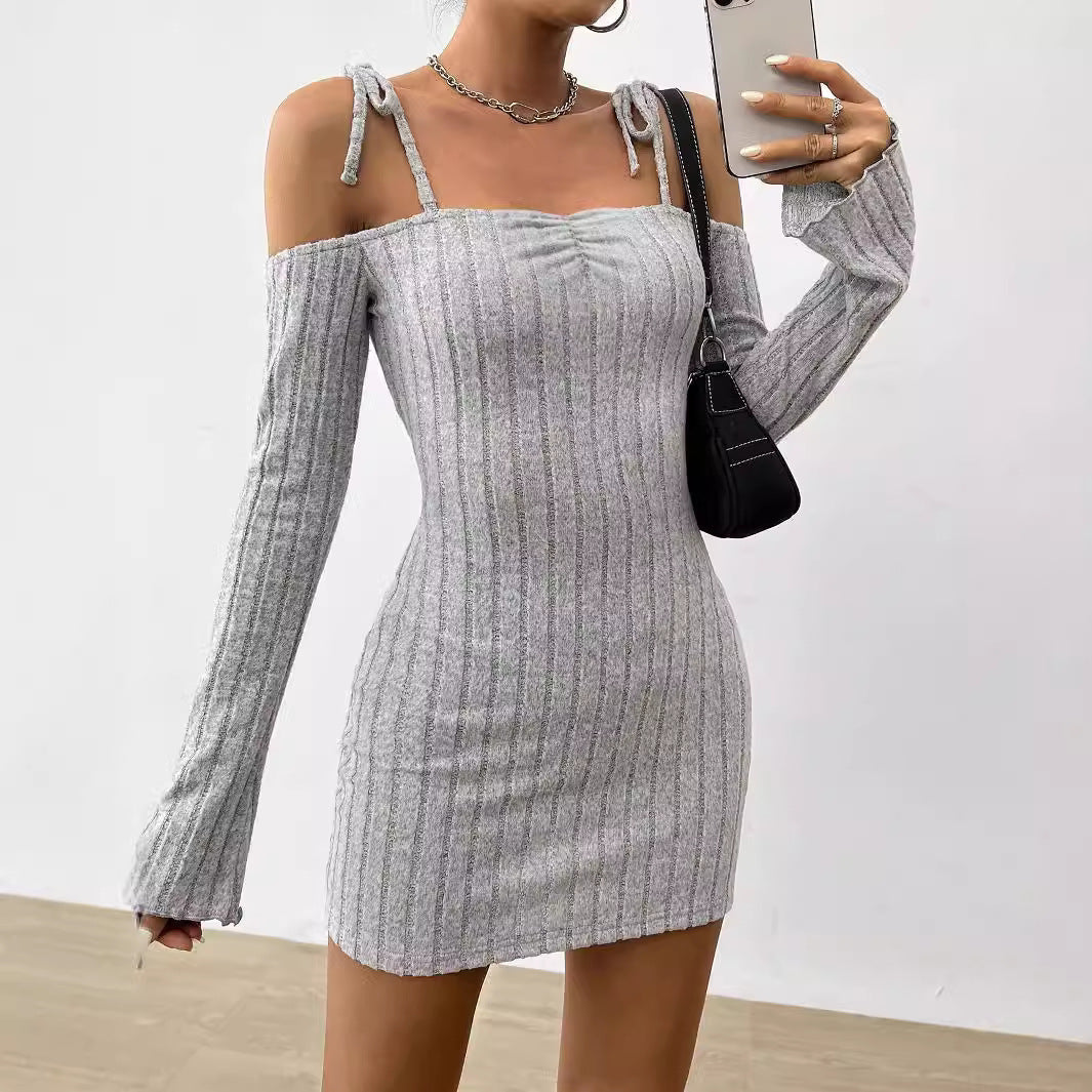 Lightly Mature Strap Sling Dress Boat Collar Elegant Slim Fit