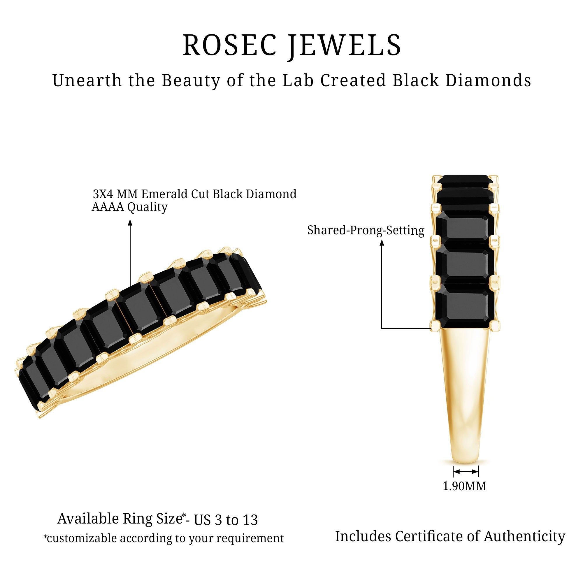 Emerald Cut Lab Created Black Diamond Half Eternity Band in Silver