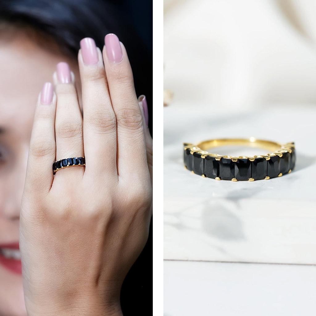 Emerald Cut Lab Created Black Diamond Half Eternity Band in Silver