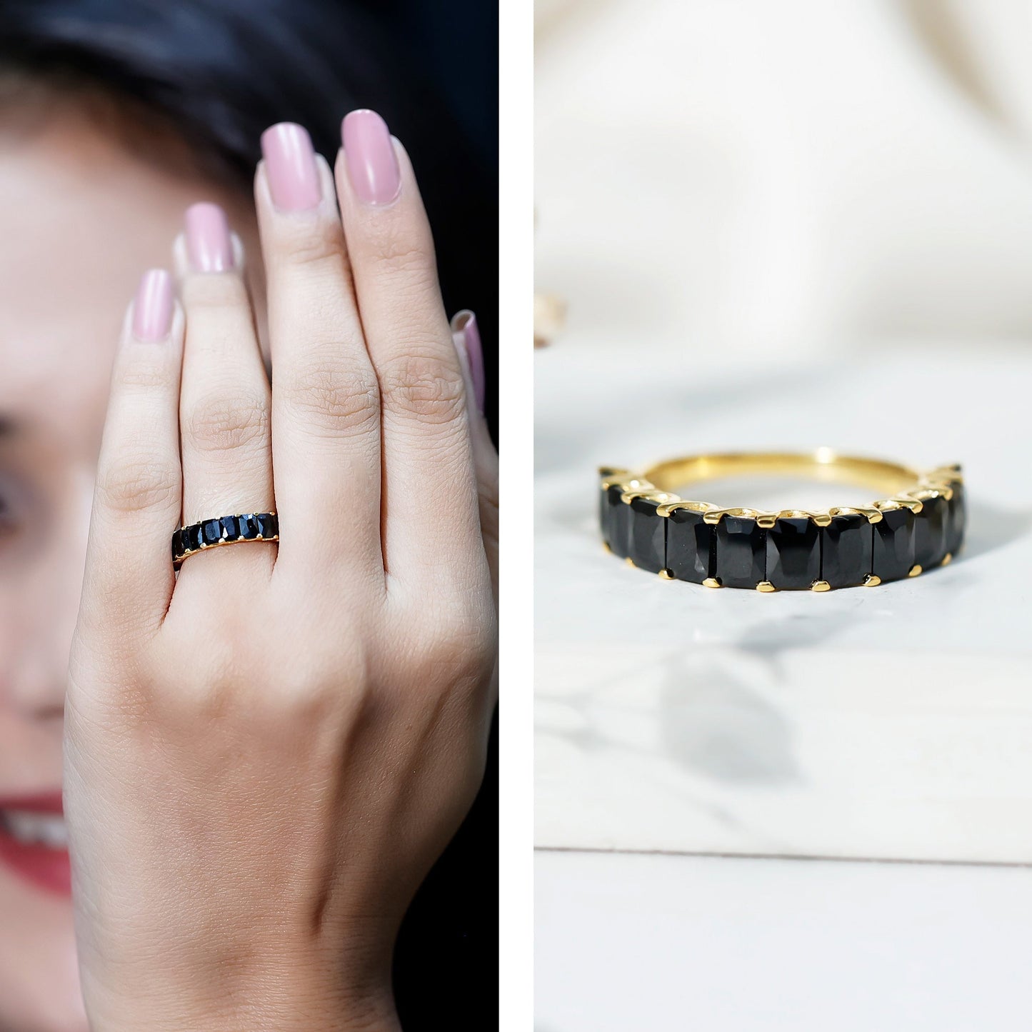 Anillo de media eternidad con diamante negro de laboratorio talla esmeralda en plata