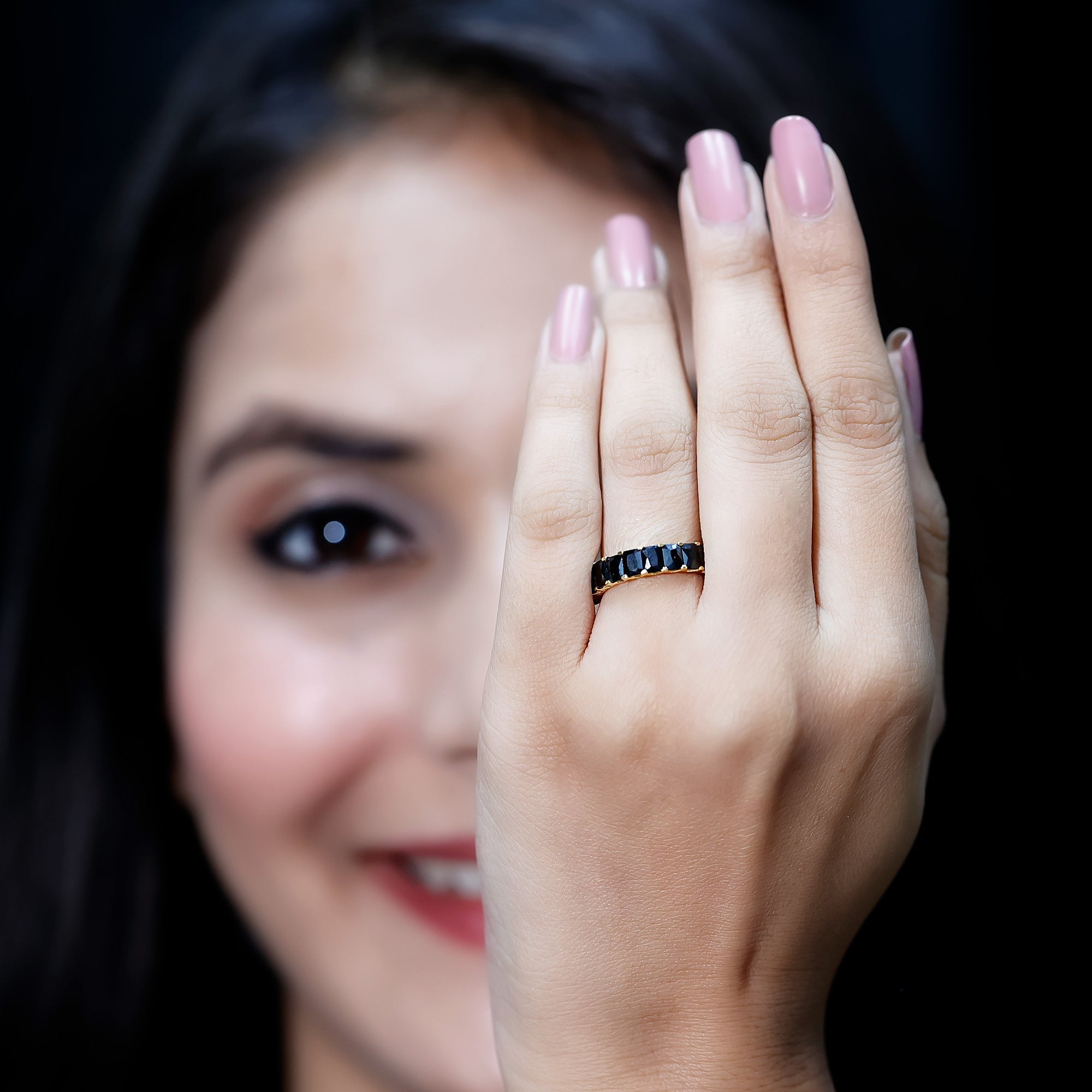Emerald Cut Lab Created Black Diamond Half Eternity Band in Silver