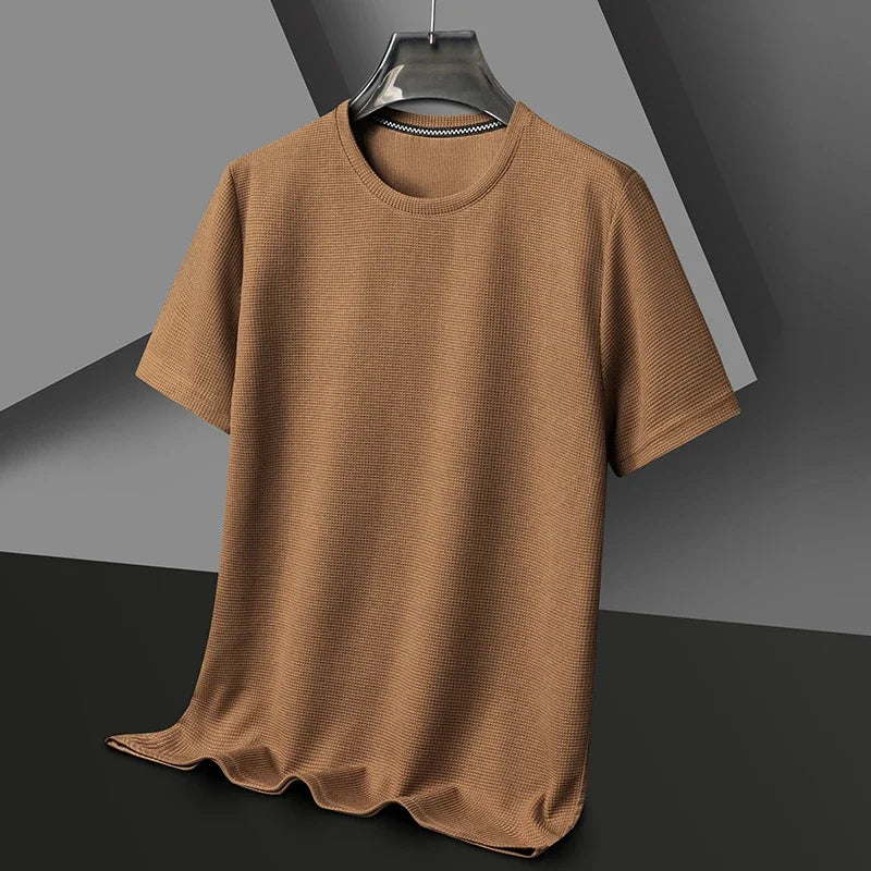 Nueva camiseta de manga corta y cuello redondo tipo gofre para hombre, ideal para el verano.