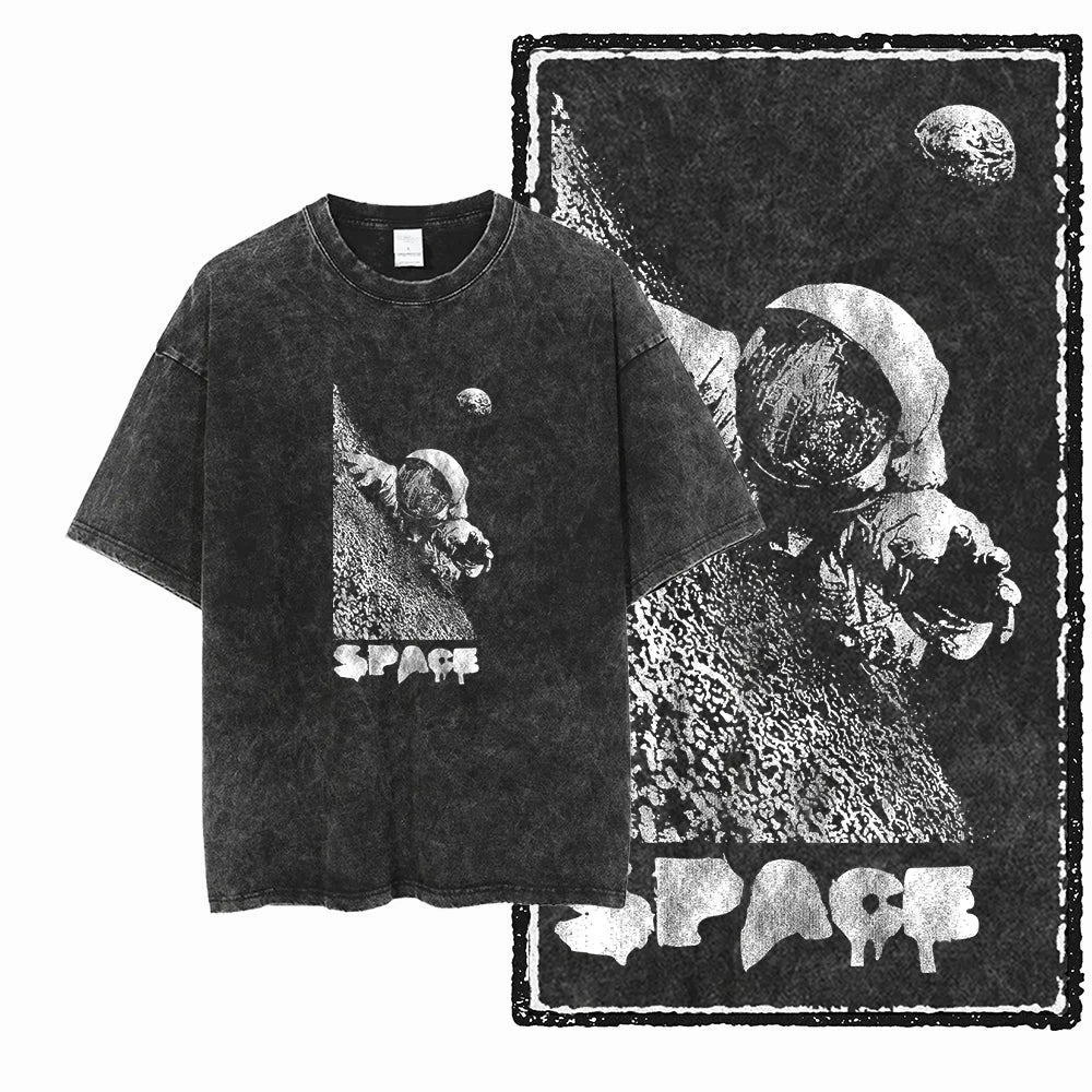 ASTRONAUT SPACE THEMES Printed Cotton Acid Washed Graphic T Shirt