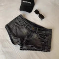 Vintage Denim Shorts Women Black Grey Washed Low Waist Elastic Shorts Jeans