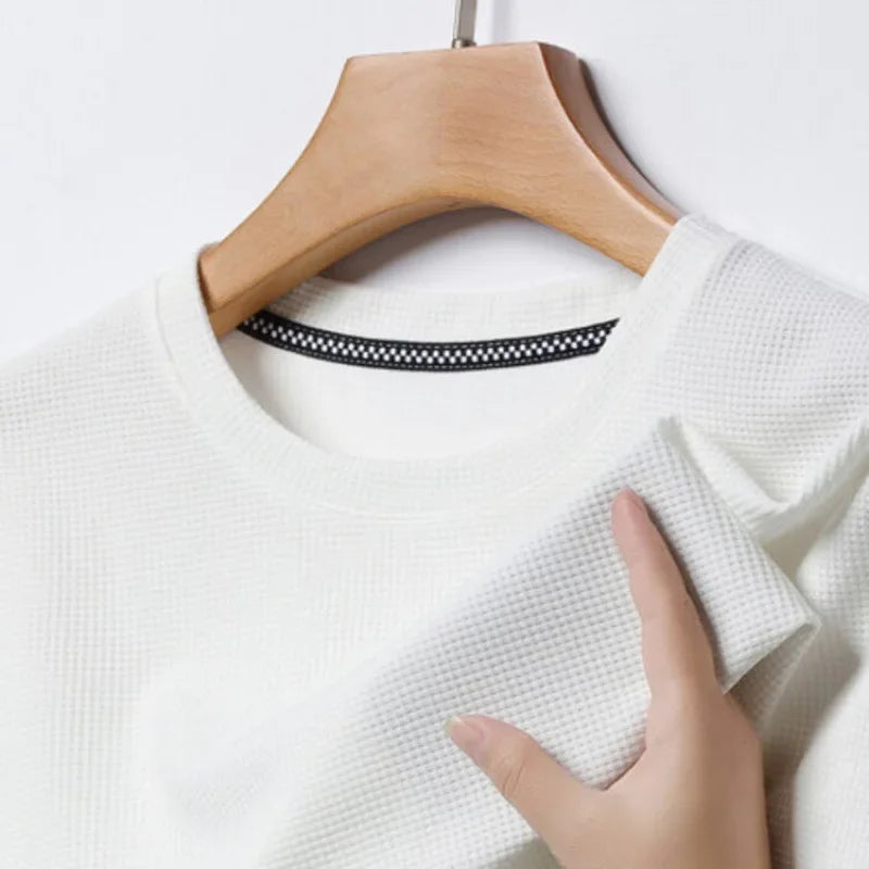 Nueva camiseta de manga corta y cuello redondo tipo gofre para hombre, ideal para el verano.