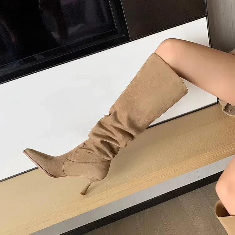 Women Pointed Toe Thin High Heels Ankle Boots  Autumn Fashion Pleated Cowboy Women Faux Suede Woman Slip on Western Botas
