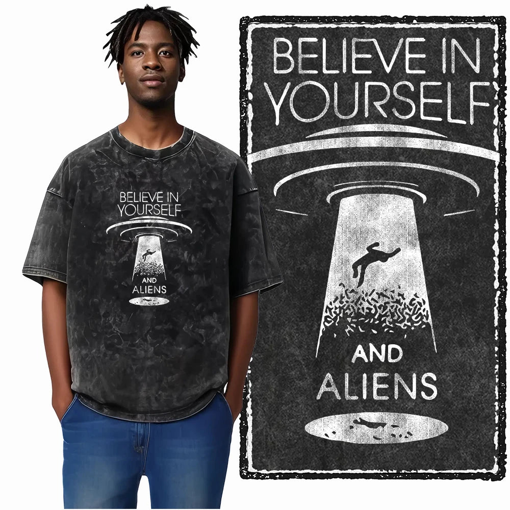 ASTRONAUT SPACE THEMES Printed Cotton Acid Washed Graphic T Shirt