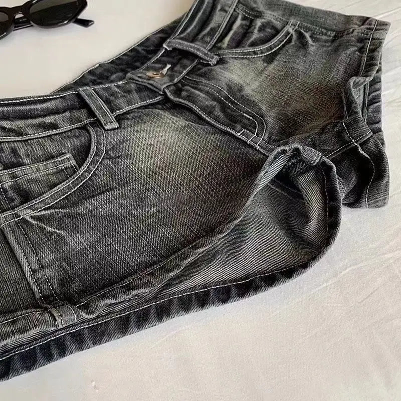 Vintage Denim Shorts Women Black Grey Washed Low Waist Elastic Shorts Jeans