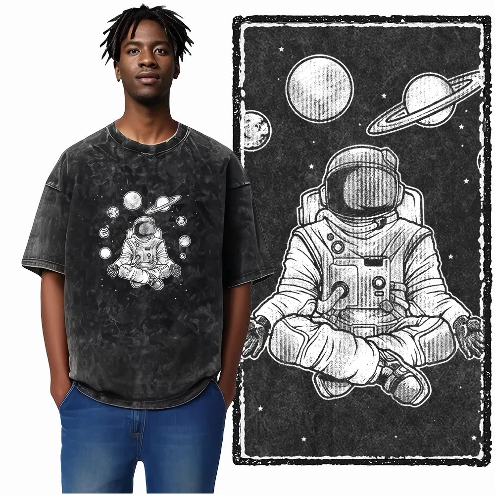 ASTRONAUT SPACE THEMES Printed Cotton Acid Washed Graphic T Shirt