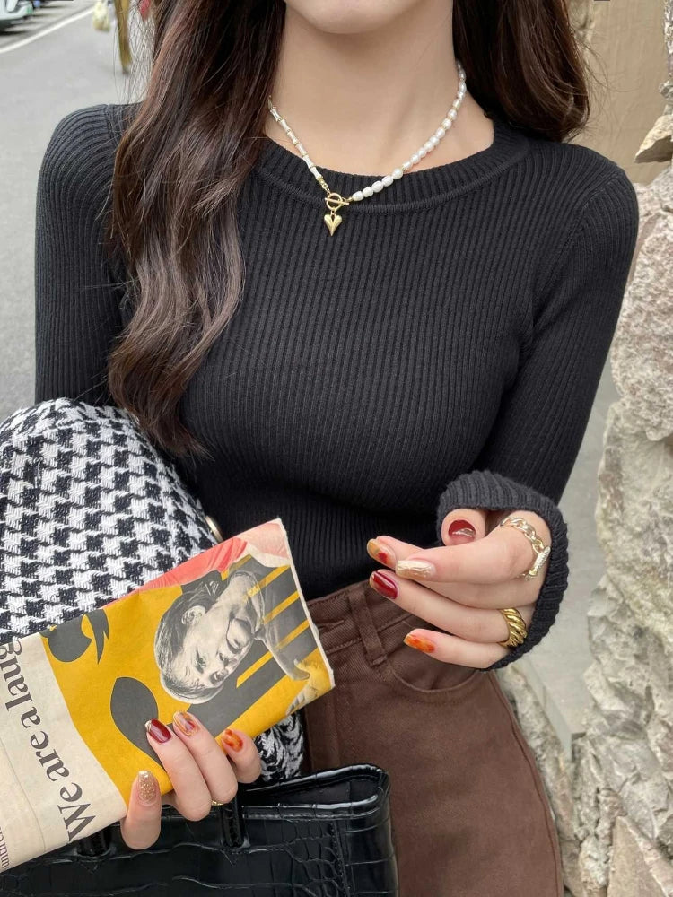 Fashion O-neck Slim Jumper 2025 Autumn Winter Women Sweater Solid Long Sleeve Basic Pullovers Elastic Knitted Base Layer Top