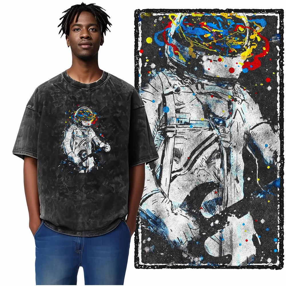 ASTRONAUT SPACE THEMES Printed Cotton Acid Washed Graphic T Shirt