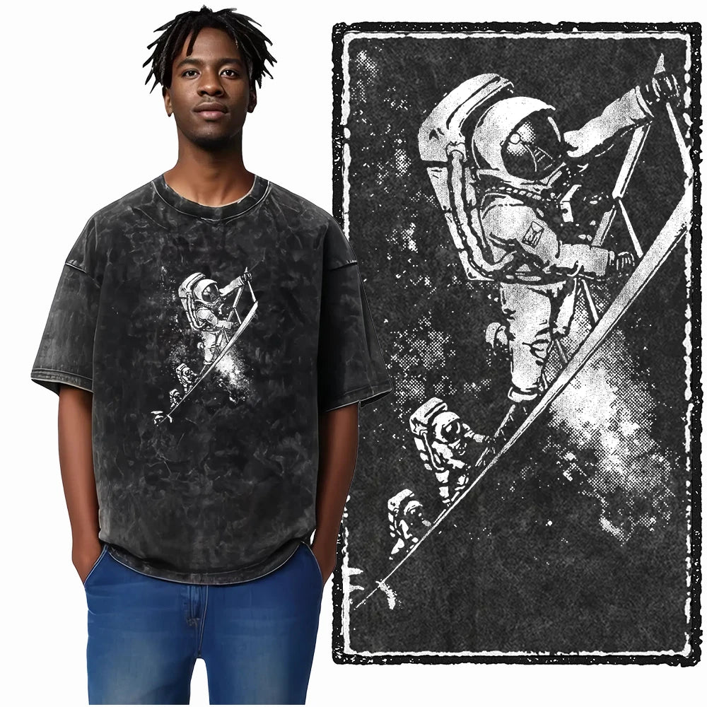 ASTRONAUT SPACE THEMES Printed Cotton Acid Washed Graphic T Shirt