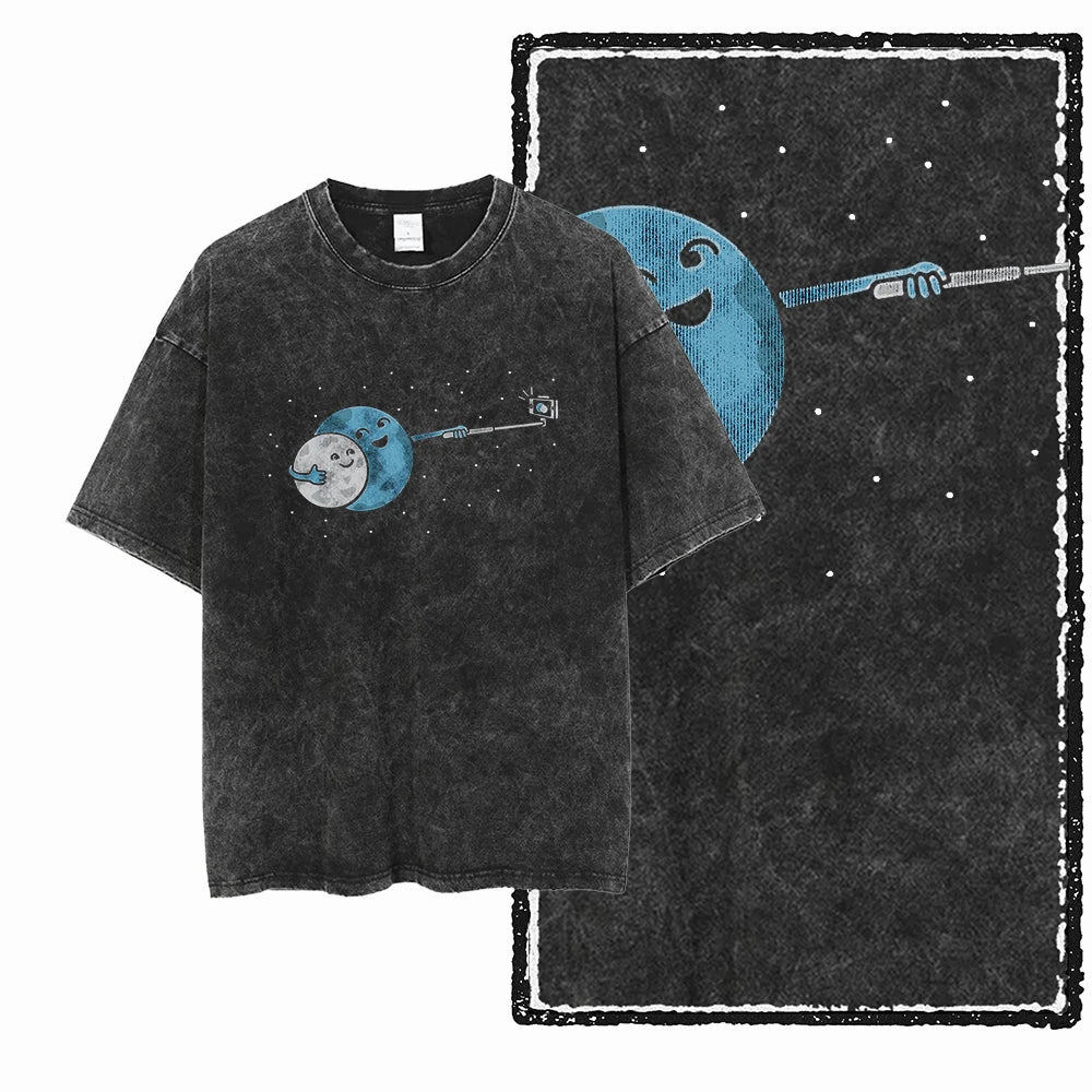 ASTRONAUT SPACE THEMES Printed Cotton Acid Washed Graphic T Shirt