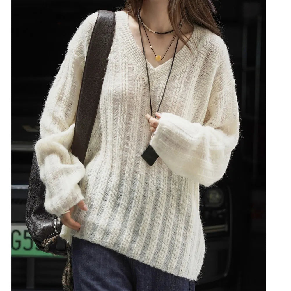 2025 New Women Soft Materail Pullovers V-Neck Autumn Women Sweater Clothes Knitted Pullovers Long Sleeve Sweater Pull Femme