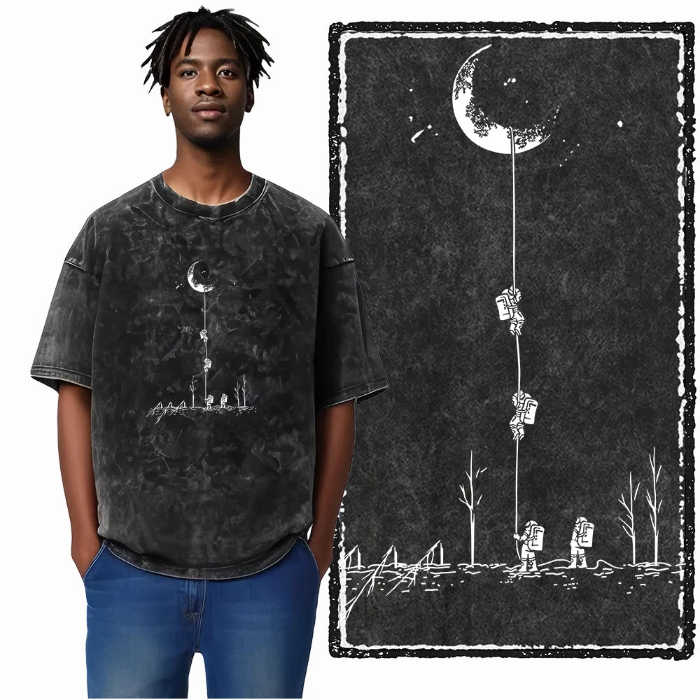 ASTRONAUT SPACE THEMES Printed Cotton Acid Washed Graphic T Shirt