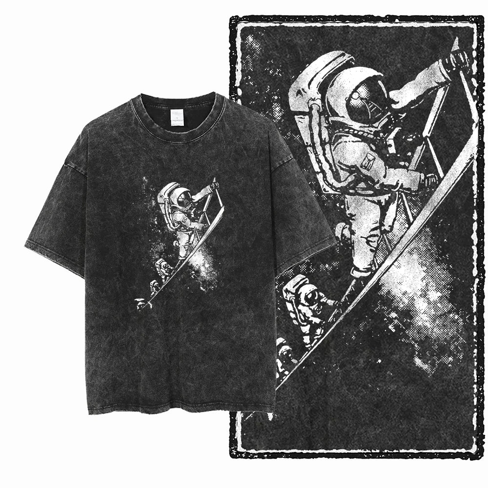 ASTRONAUT SPACE THEMES Printed Cotton Acid Washed Graphic T Shirt