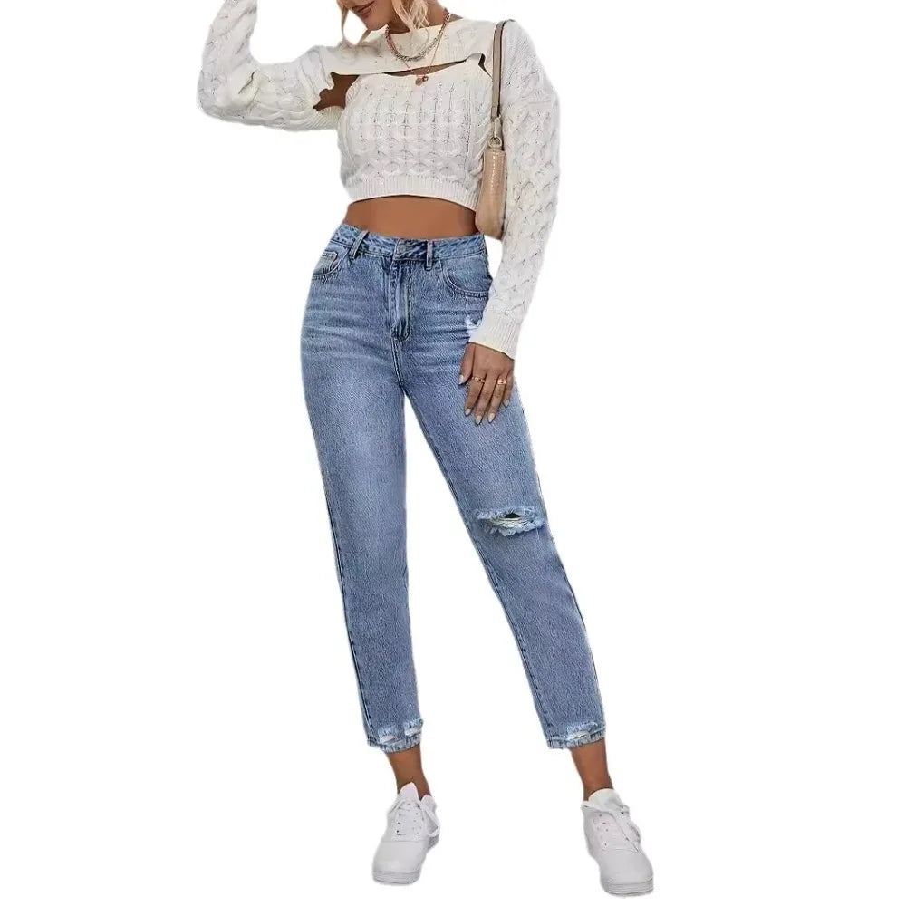 Casual Washed Ripped Jeans for Women Spring and Summer New Fashion Straight Nine Minutes of Pants Women