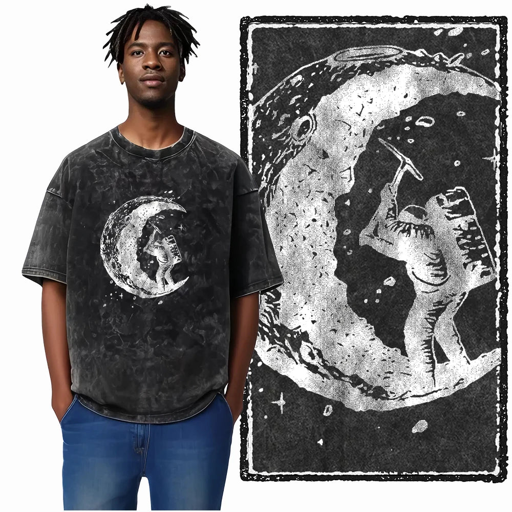 ASTRONAUT SPACE THEMES Printed Cotton Acid Washed Graphic T Shirt