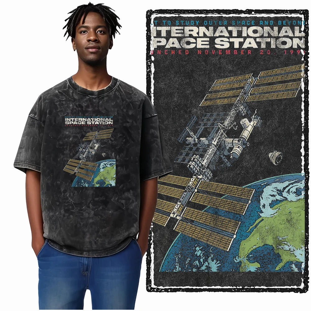 ASTRONAUT SPACE THEMES Printed Cotton Acid Washed Graphic T Shirt