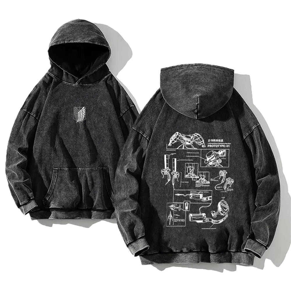 Vintage Washed Hoodies Attack on Titan Cotton Women Men