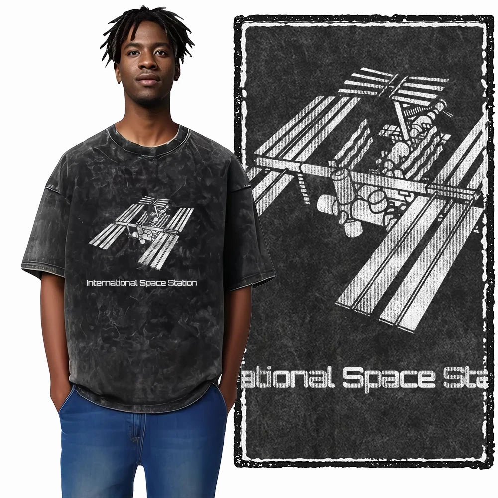 ASTRONAUT SPACE THEMES Printed Cotton Acid Washed Graphic T Shirt