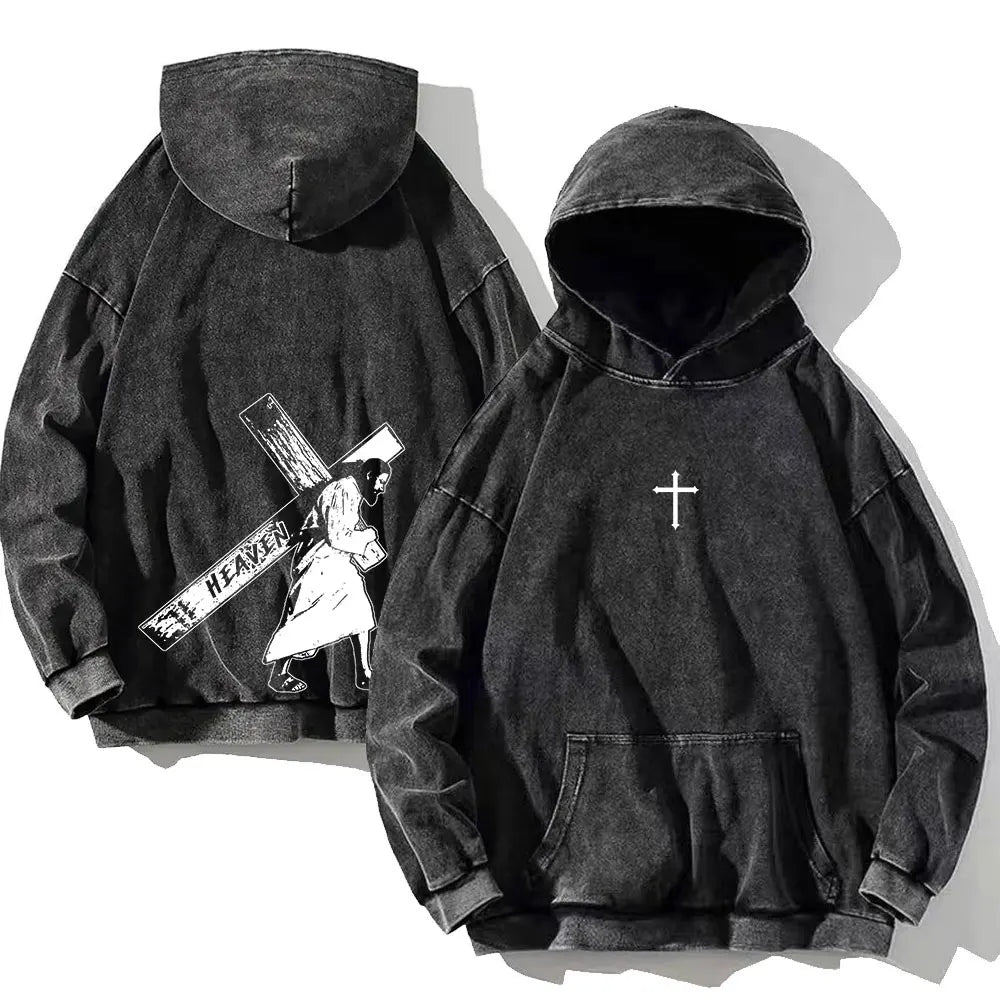 Men's Vintage Cotton Washed Hoodie The Cross of Jesus Print Hip Hop Hooded Sweatshirt