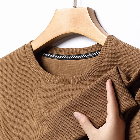 New Summer Waffle Round Neck Short Sleeved T-shirt for Men's Short Sleeved Top.
