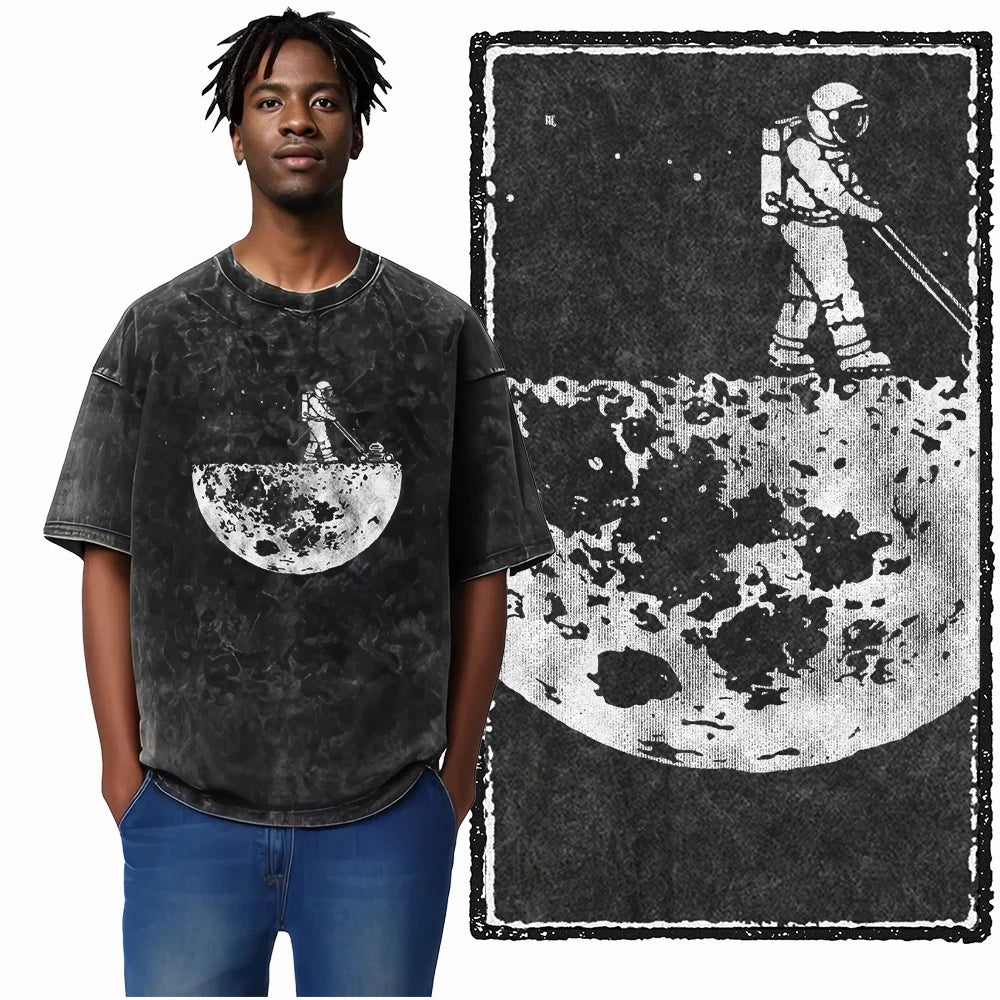 ASTRONAUT SPACE THEMES Printed Cotton Acid Washed Graphic T Shirt