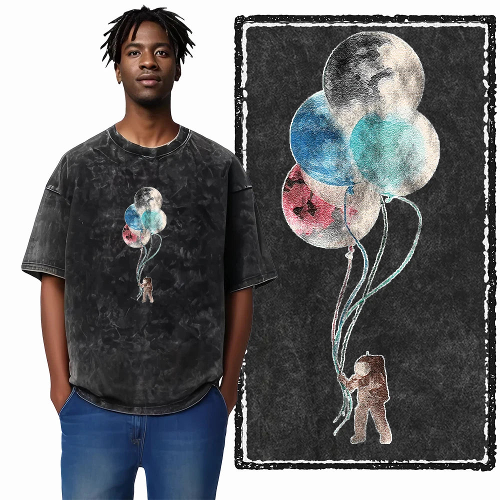 ASTRONAUT SPACE THEMES Printed Cotton Acid Washed Graphic T Shirt