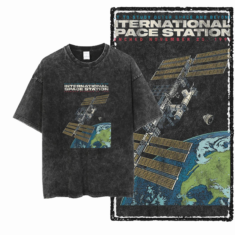 ASTRONAUT SPACE THEMES Printed Cotton Acid Washed Graphic T Shirt