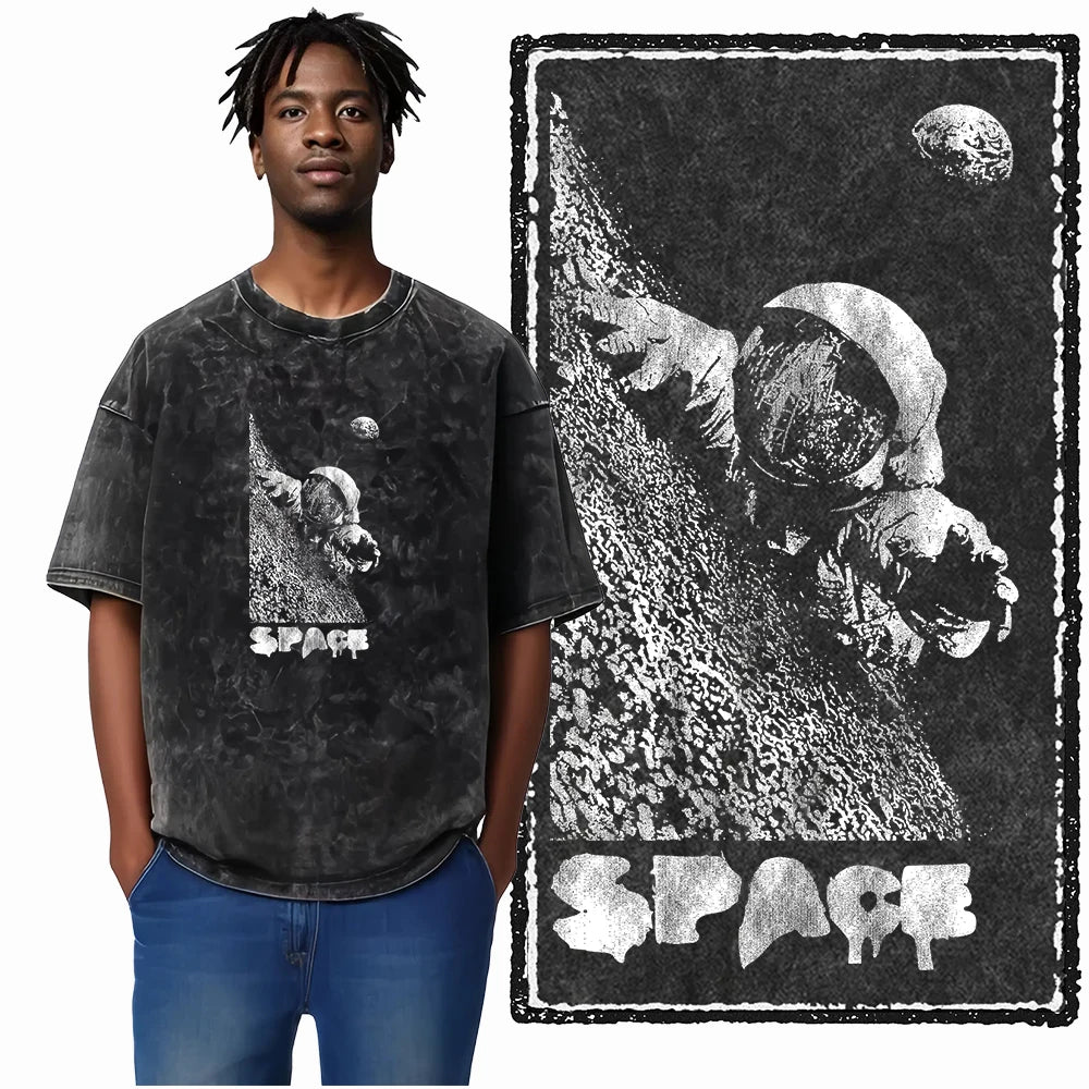 ASTRONAUT SPACE THEMES Printed Cotton Acid Washed Graphic T Shirt