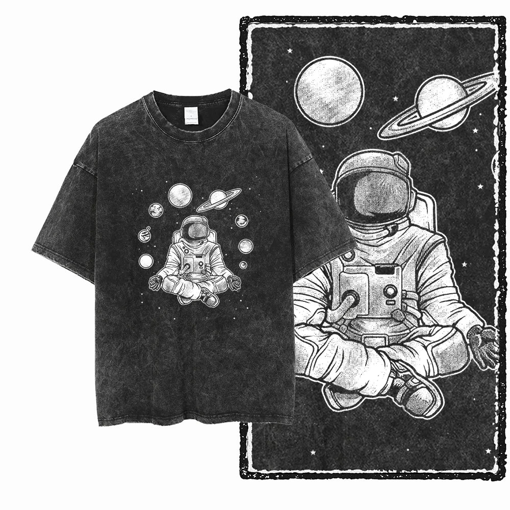 ASTRONAUT SPACE THEMES Printed Cotton Acid Washed Graphic T Shirt
